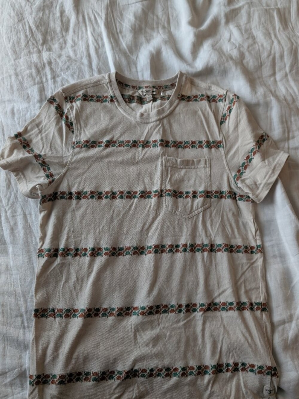 Toad&Co Men’s T-Shirt Medium | Striped Fish Pocket Tee | Oatmeal Tan